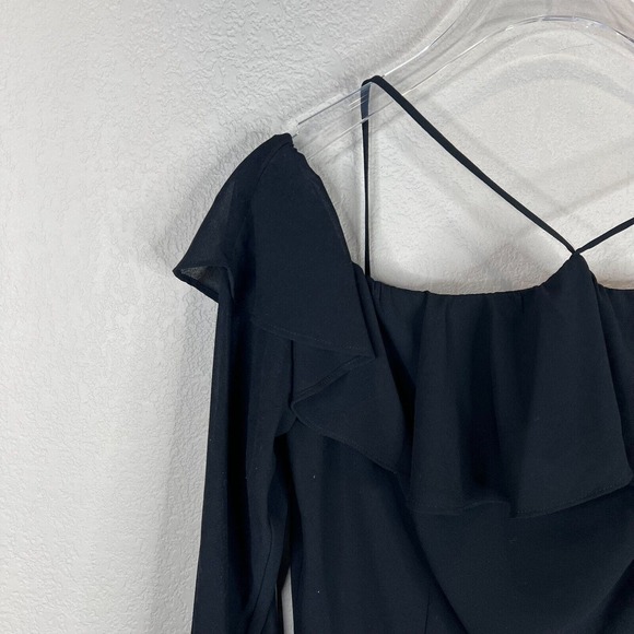 LPA Mini Dress 5 Size Medium Black Halter Neck Off The Shoulder Ruffle Georgette - Picture 2 of 14